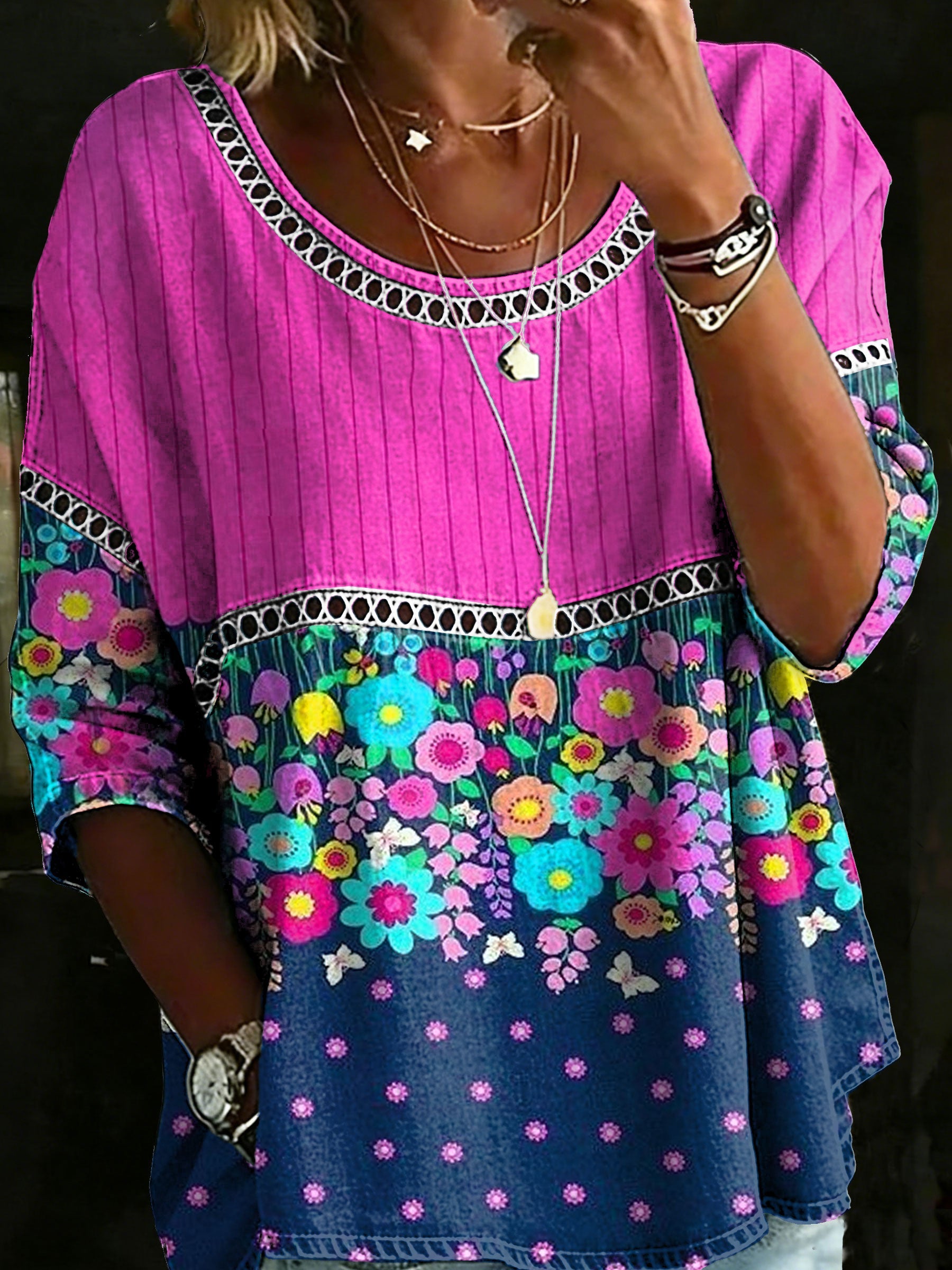 Women's Flower Multicolor Casual Loose Denim Blouse Shirt
