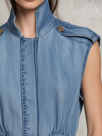 Light Wash Denim Sleeveless Maxi Dress | Stand Collar Elastic Waist Casual Dress