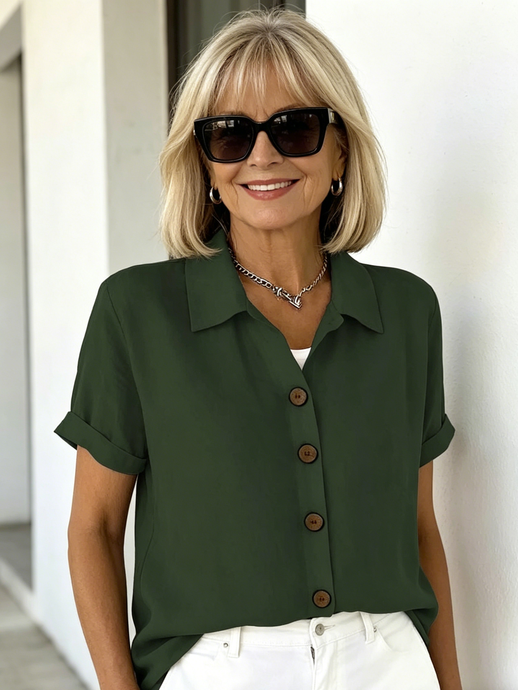 Casual Comfortable Button Cotton and Linen Women's Short Sleeve Shirt