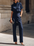 Short Sleeve Button-Up Blouse And Tailored Straight-Leg Trousers Set