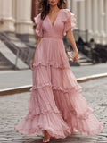 Ruffled V-Neck Tiered Maxi Dress