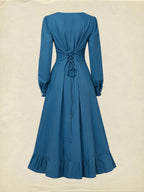 Maxi Cotton Dress, Long Sleeves, V Neck, Plain, Button Design, Vintage, Dark_blue