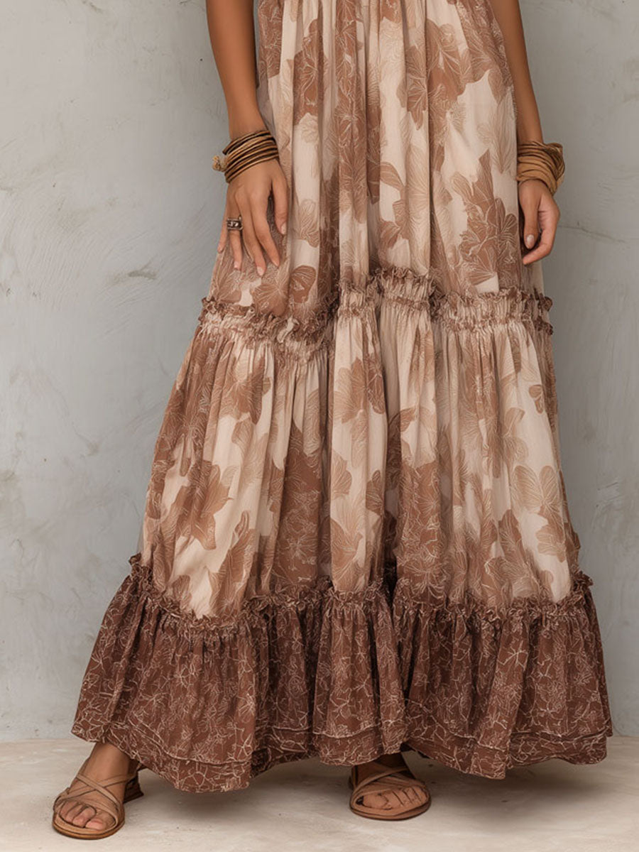 Boho Cocoa Blossom Tiered Halter Maxi Dress
