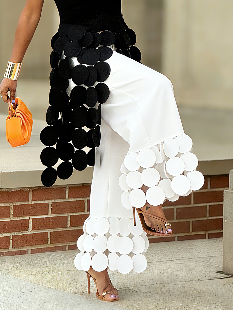 Stylish High Waisted Wide Leg Pants Circle Applique Party Trousers