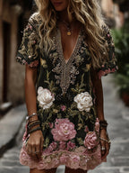 Women's Classic Romantic Pink Rose Embroidery Art Comfy Linen Mini Dress
