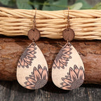 Unique Droplet Shape Wooden Dangle Earrings - Retro Bohemian Style, Sunflower Print, Trendy Female Ear Ornaments with Natural Wood Grain and Hypoallergenic Posts for Sensitive Skin - Perfect for Everyday Wear and Gift Giving