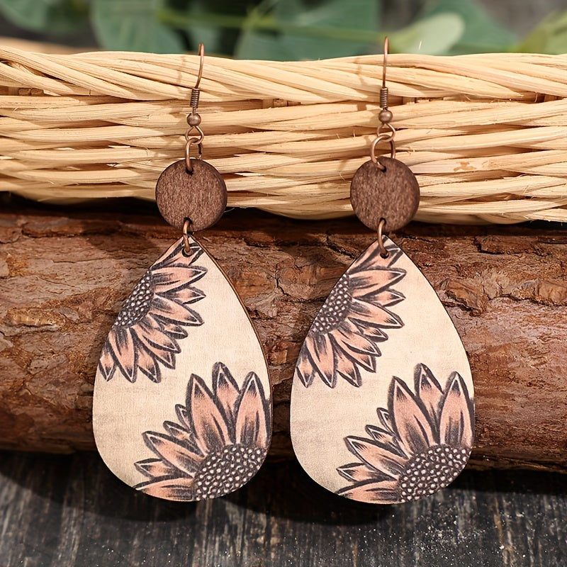 Unique Droplet Shape Wooden Dangle Earrings - Retro Bohemian Style, Sunflower Print, Trendy Female Ear Ornaments with Natural Wood Grain and Hypoallergenic Posts for Sensitive Skin - Perfect for Everyday Wear and Gift Giving
