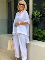 Double-layered Solid Color Cotton and Linen Two-piece Loose Casual Soft Shirt Pants