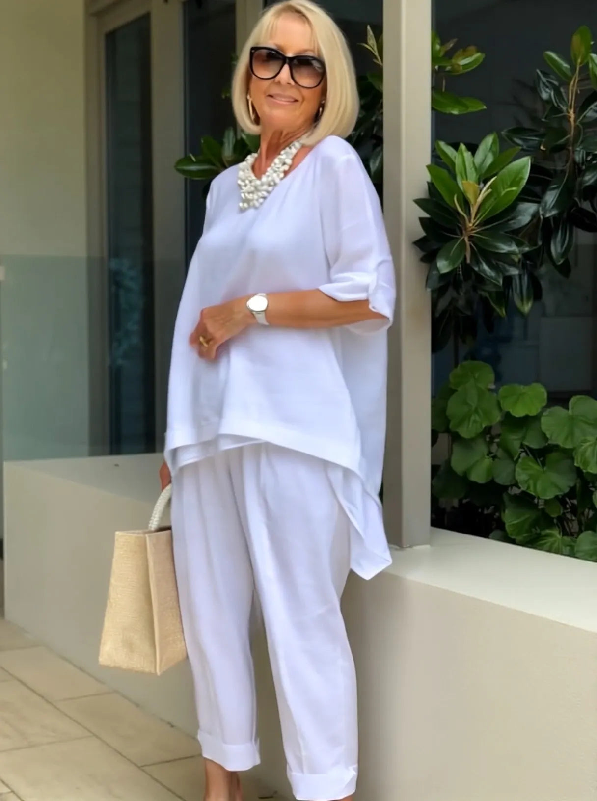 Double-layered Solid Color Cotton and Linen Two-piece Loose Casual Soft Shirt Pants