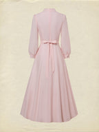 Midi Linen Dress, Half Sleeve, Plain, Lace, French Vintage, Pink
