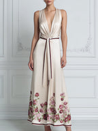 Deep V-Neck Draped Waist Floral Hem A-Line Maxi Dress