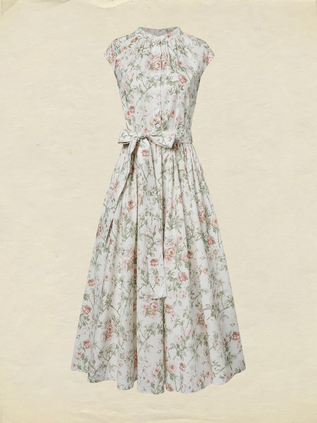Midi Cotton Dress, Cap Sleeves, Round Neck, Floral, Belt Design, Vintage, Apricot