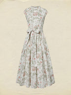 Midi Cotton Dress, Cap Sleeves, Round Neck, Floral, Belt Design, Vintage, Apricot