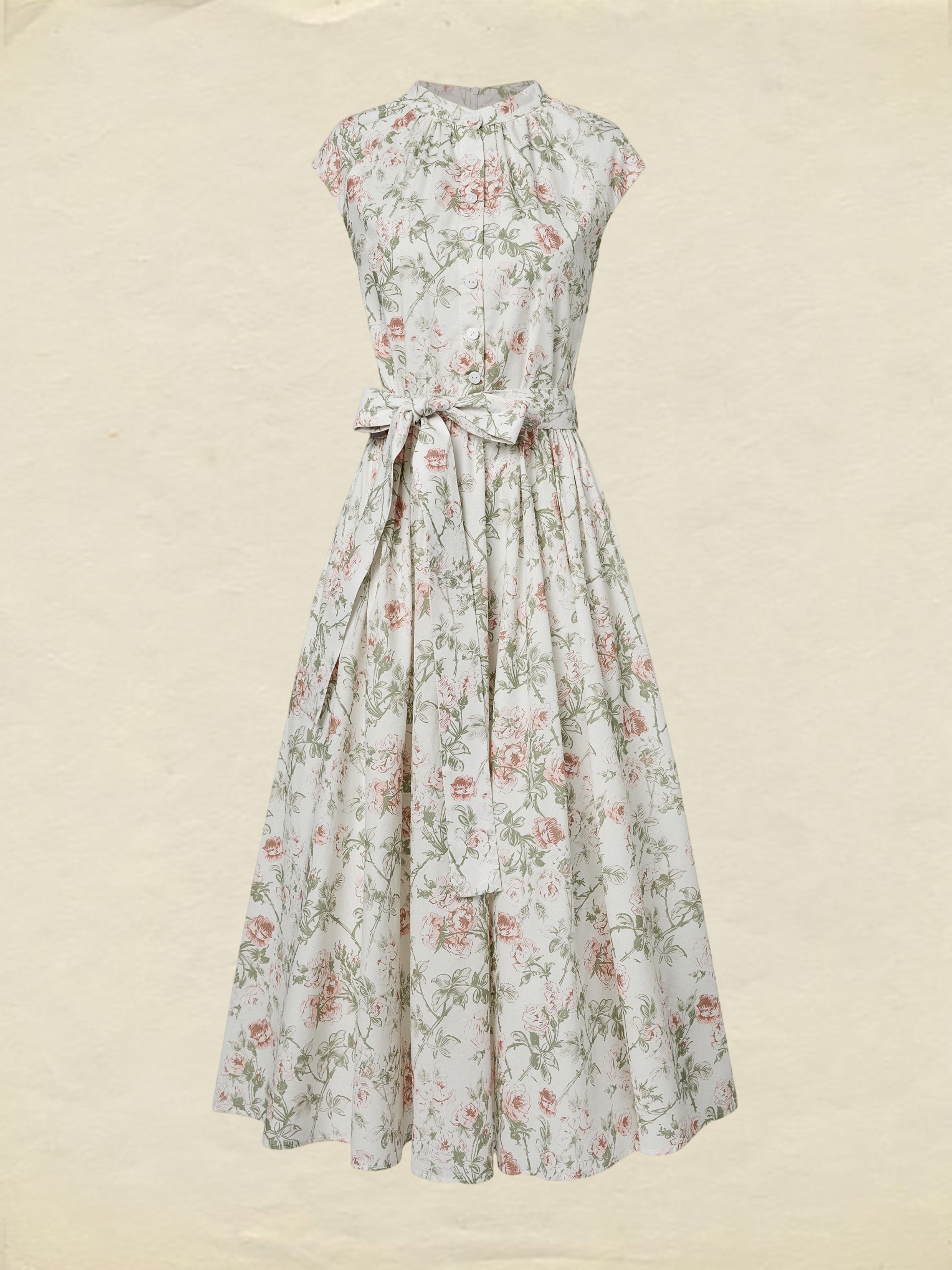 Midi Cotton Dress, Cap Sleeves, Round Neck, Floral, Belt Design, Vintage, Apricot