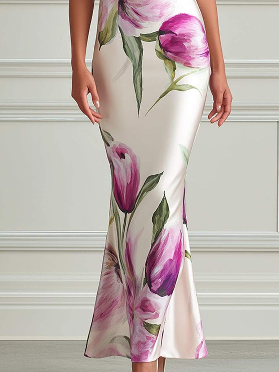 Elegant Floral Cowl-Neck Mermaid Dress