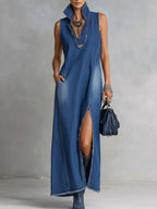 Casual Sleeveless Denim Dress With Slit