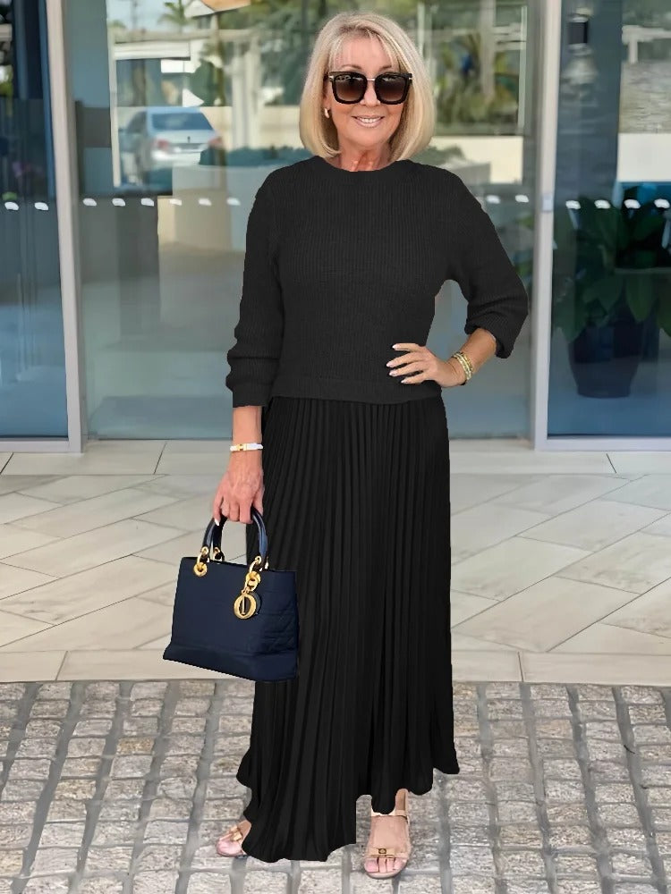 Knitted Long-sleeved Splicing Pleated Dress