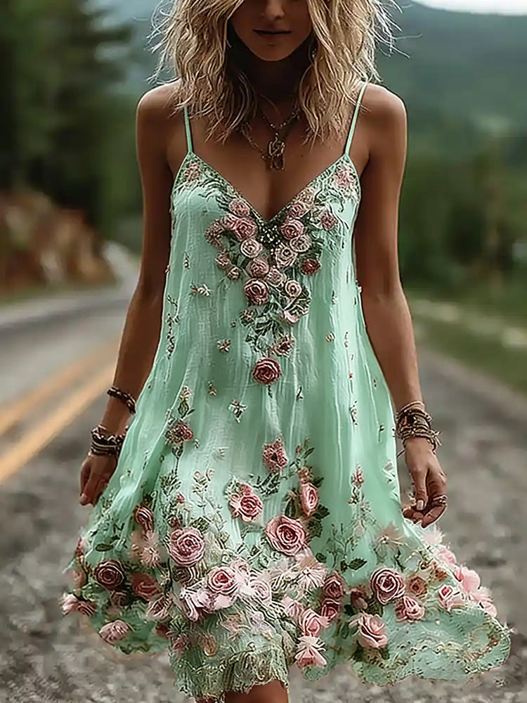 Vintage Boho Floral Embroidery Art Linen Mini Caimi Dress
