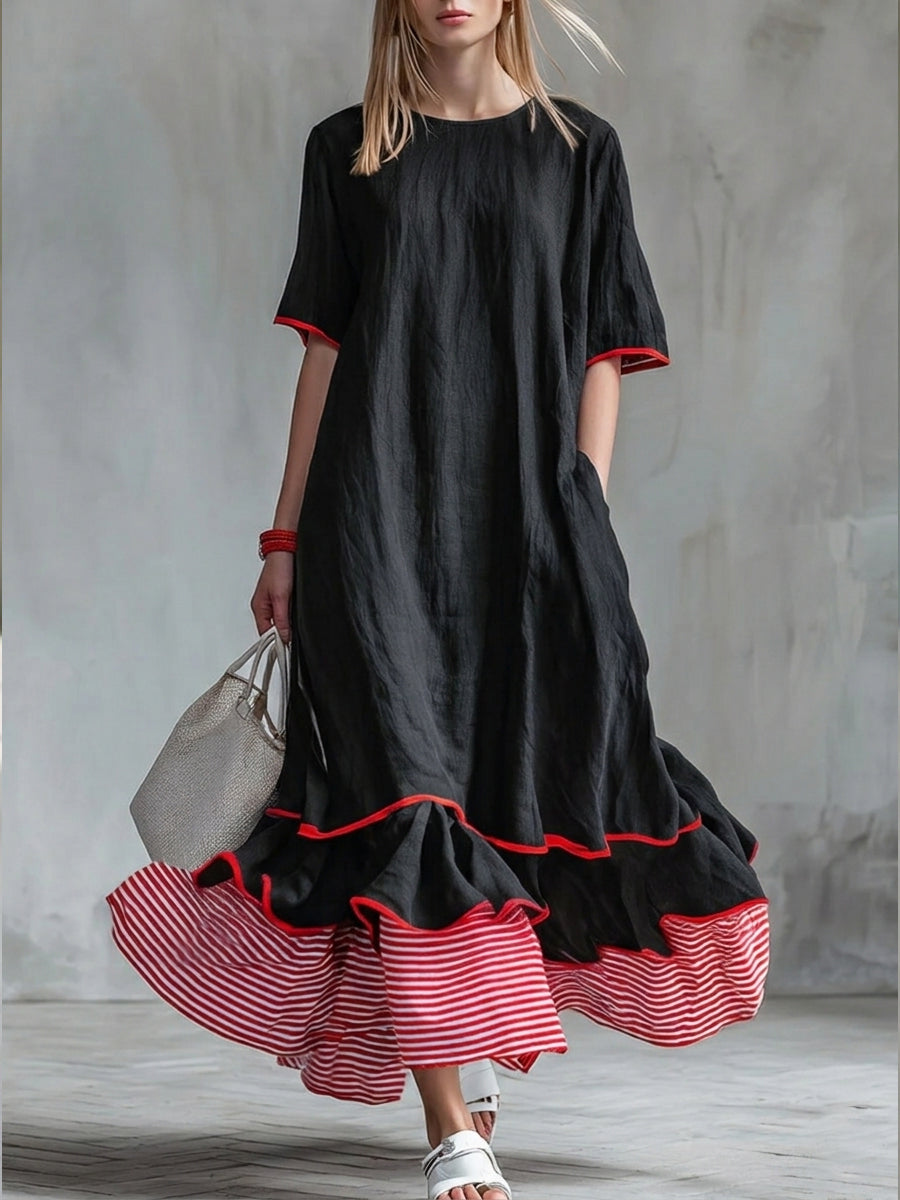 Women’s Patchwork Striped Midi Dress – Casual Red Summer Dress