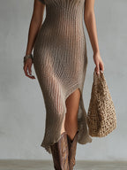Boho Hollow Knitted Single Side Slit Midi Dress