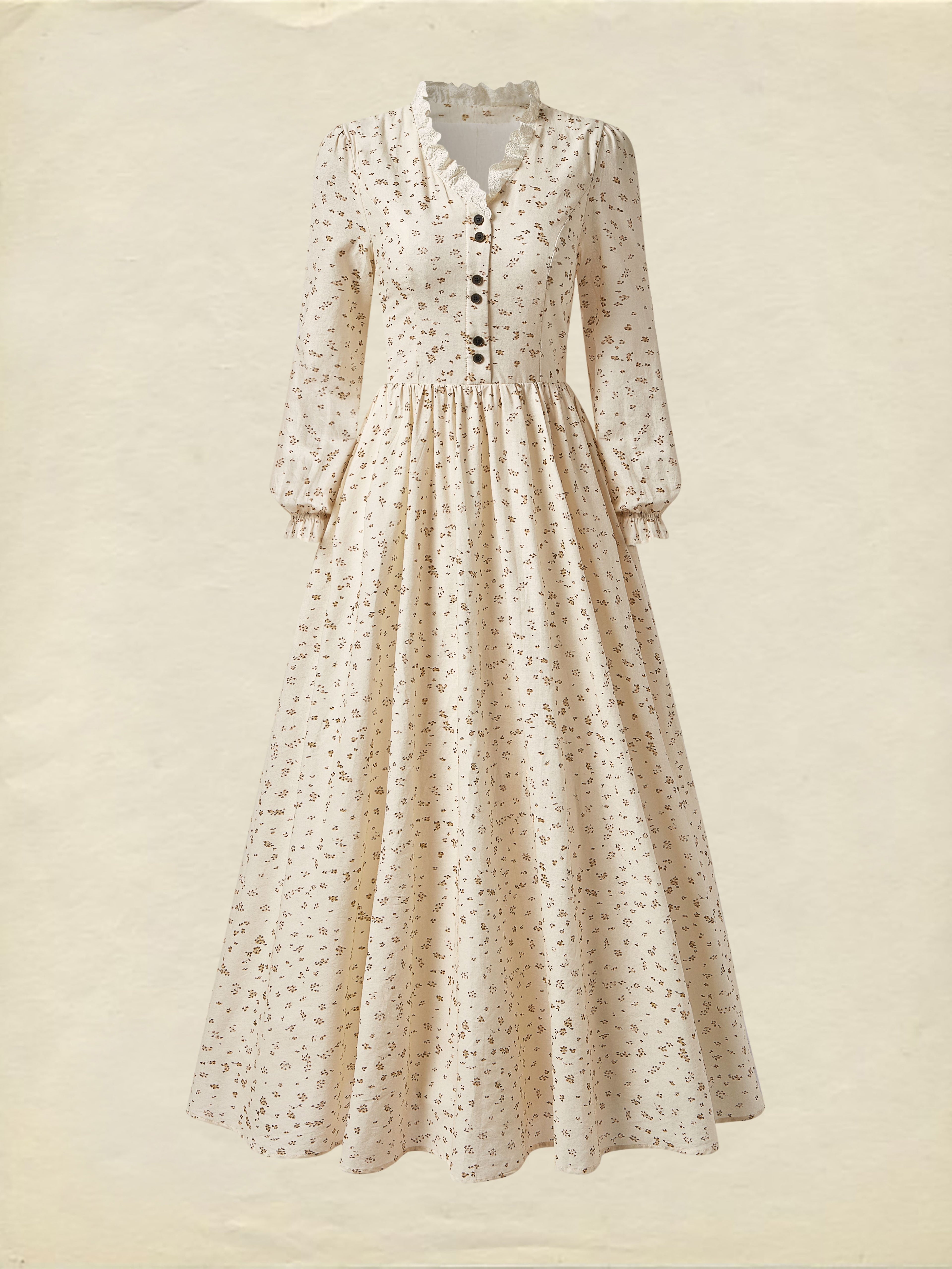 Linen Maxi Dress, Long Sleeves, V Neck, Botton Down, Floral, Apricot