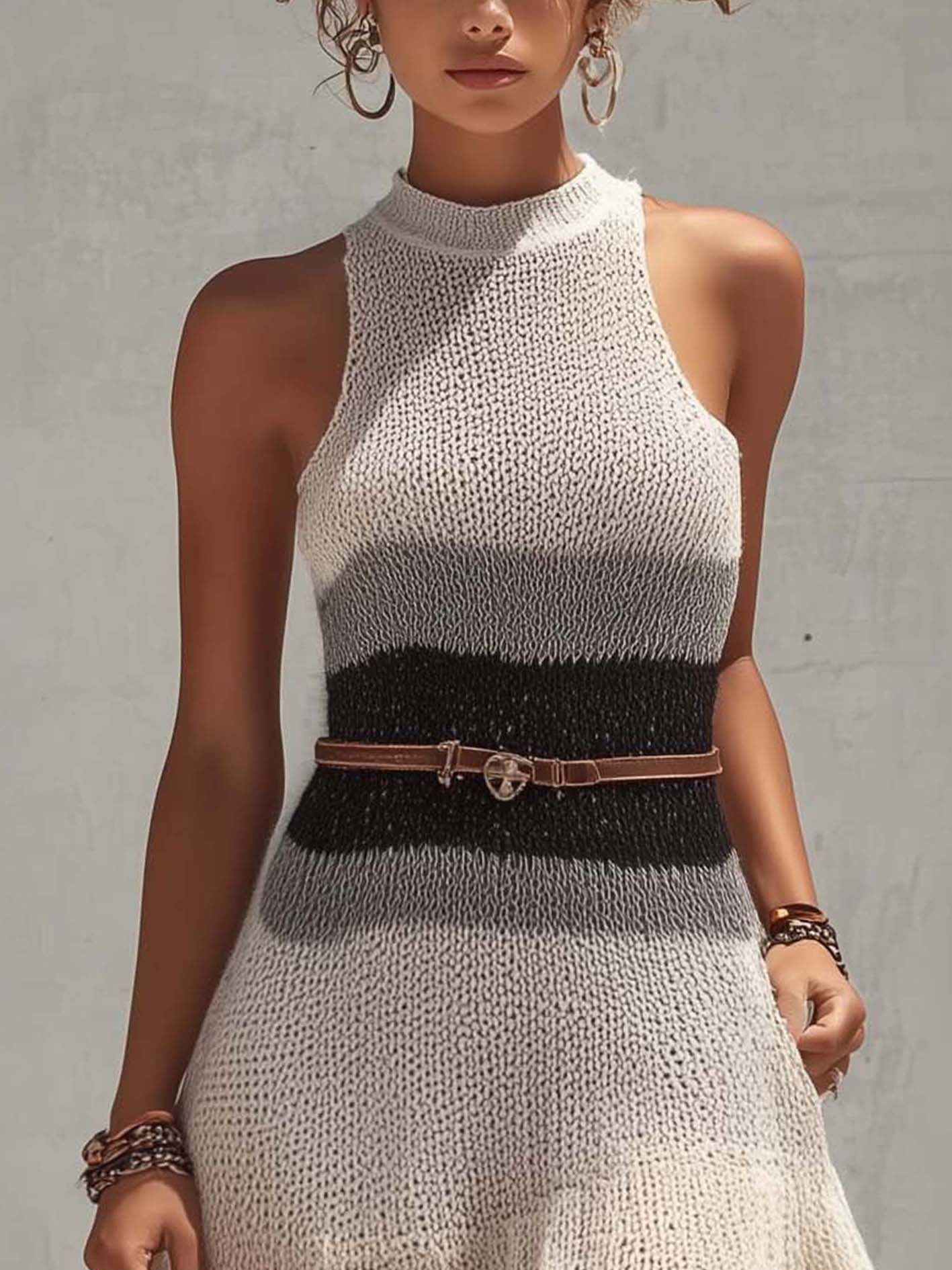 Beige Black Gray Color Block Knit Mini Dress