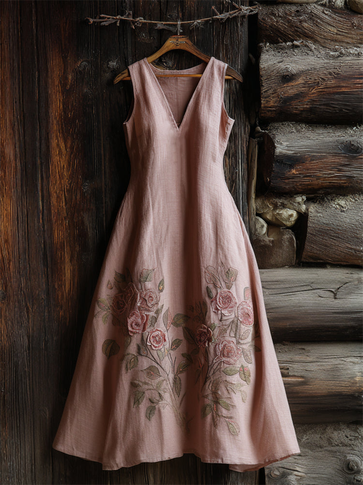 Classy Pink Roses Embroidered Linen Maxi Dress