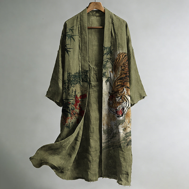 Men's Vintage Bamboo & Tiger Japanese Art Print  Linen Long Kimono