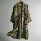 Men's Vintage Bamboo & Tiger Japanese Art Print  Linen Long Kimono