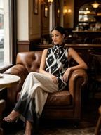 Black & White Ikat Print Pleated Sleeveless Top & Dip-Dye Wide-Leg Pants Set