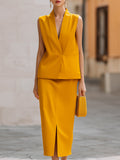 Stand Collar V-Neck Sleeveless Vest & Slit Midi Skirt Two-Piece Set