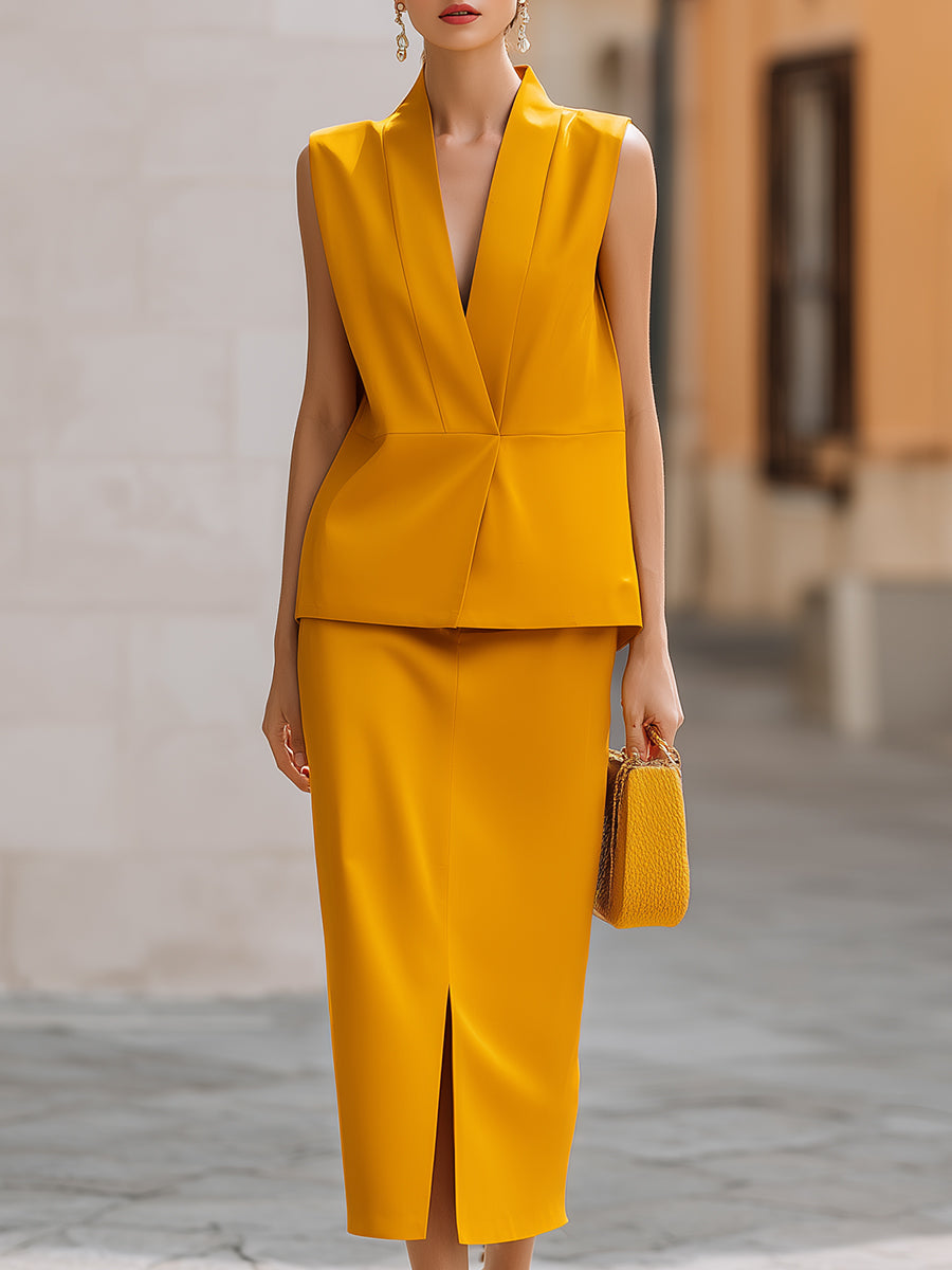 Stand Collar V-Neck Sleeveless Vest & Slit Midi Skirt Two-Piece Set