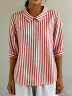 Retro Peter Pan Collar Striped Cotton-linen Shirt