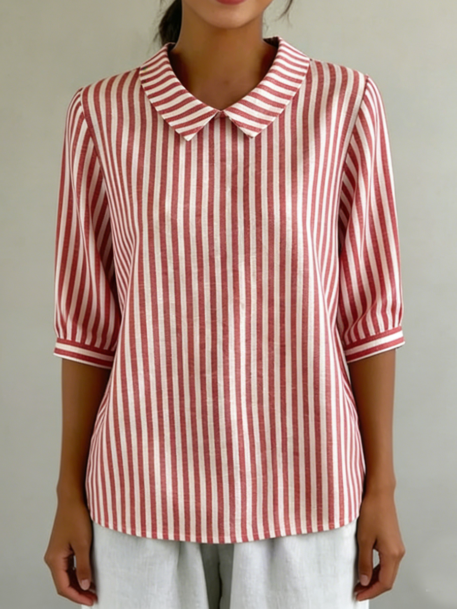 Retro Peter Pan Collar Striped Cotton-linen Shirt