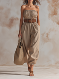 Strapless Linen Belted Wide-Leg Jumpsuit