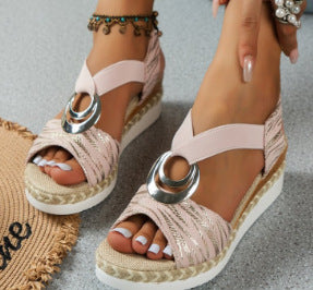 Sandals Metal Buckle Decorative Hemp Rope Wedge Heel Light Bottom Fish Mouth Sandals