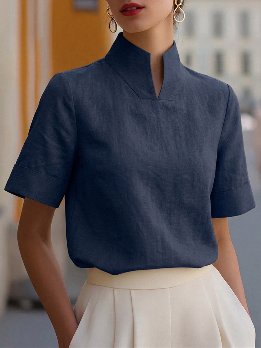Women's Solid-color Stand-collar Short-sleeve Loose-fit Casual Linen Top