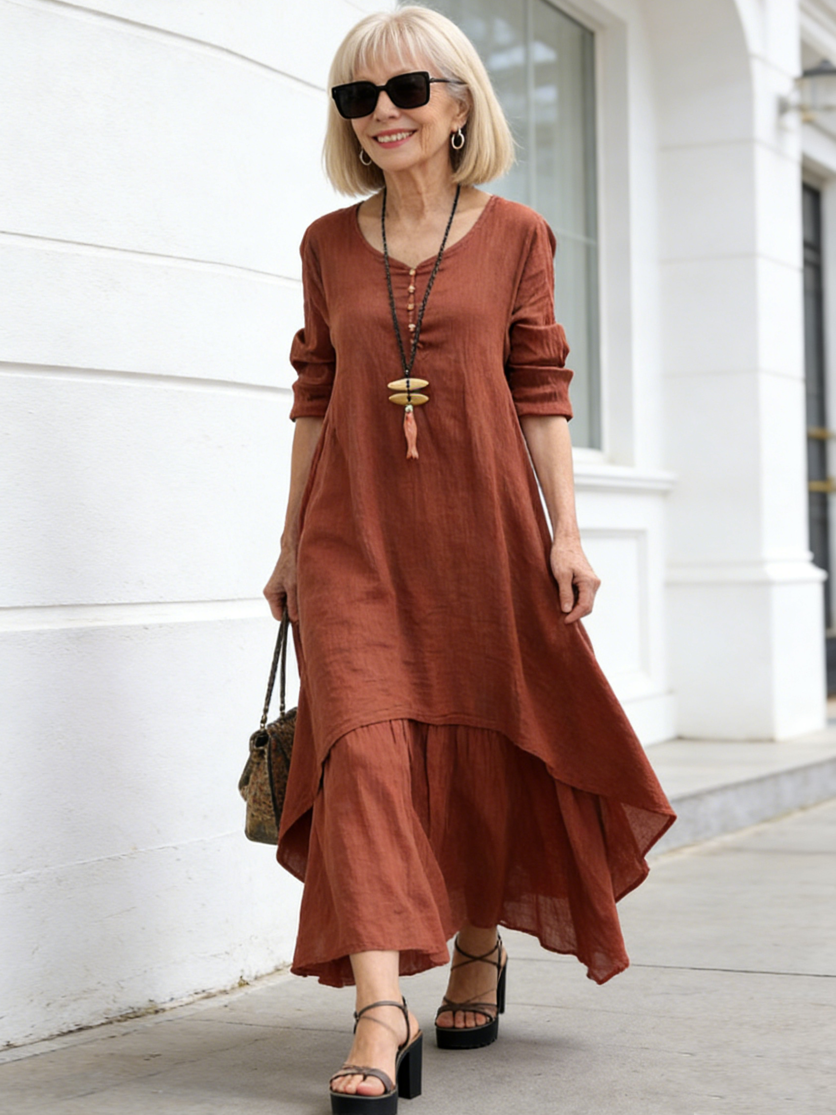 High-quality Fake Two-piece Long Dress Literary Pendulum Linen Dress Loose Long-sleeved Cotton and Linen