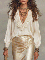 Chic Ruffle Blouse & Metallic Slit Maxi Skirt Set