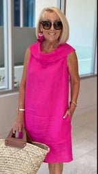 Linen Ruffle Collar Dress Open Collar at Back Party Dress