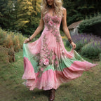 Vintage Gradient Pink Roses And Floral Cancer Awareness Embroidered Linen Maxi Dress