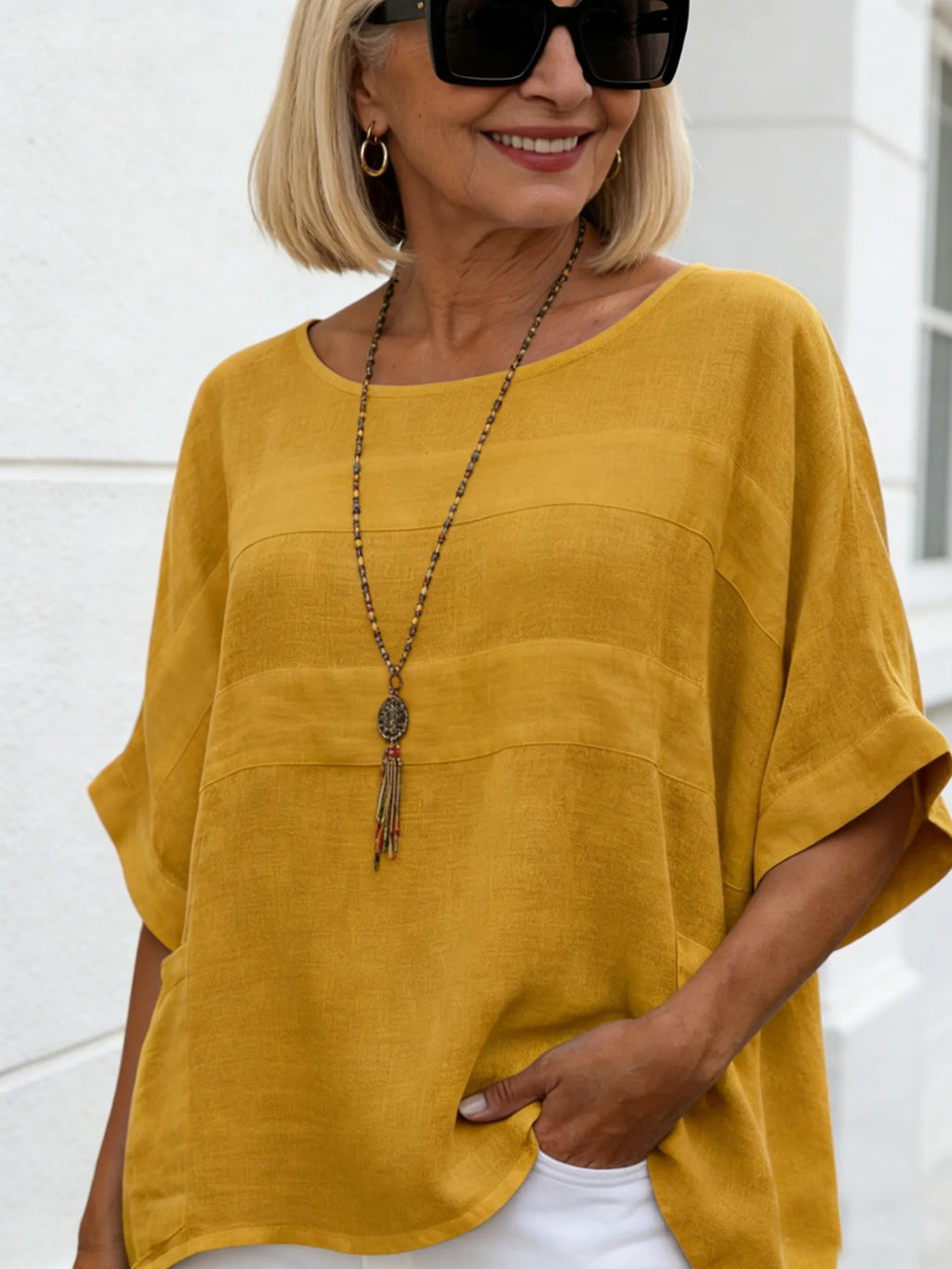 Linen Women's Crew Neck Seven-quarter Sleeve Casual Loose Top