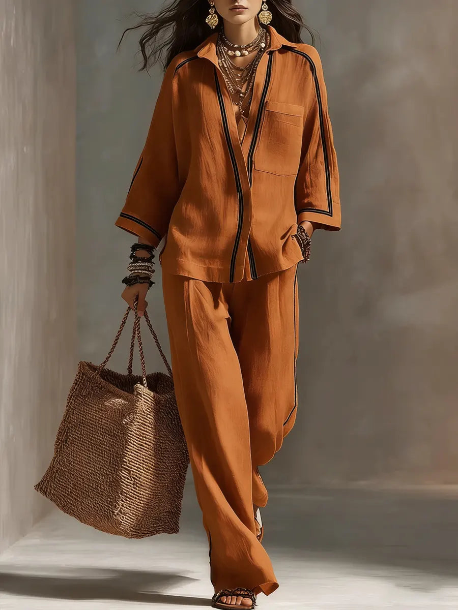 Women's Striped Decorative Shirt And Wide-leg Pants Set