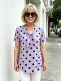 Yellow Polka Dot Chiffon Blouse, V Neck Front Tie Short Sleeve Loose Tummy Concealing Shirt for Mature Women