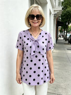Yellow Polka Dot Chiffon Blouse, V Neck Front Tie Short Sleeve Loose Tummy Concealing Shirt for Mature Women