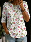 Women's Floral Pattern Art Print Casual Cotton Round Collar Shirt