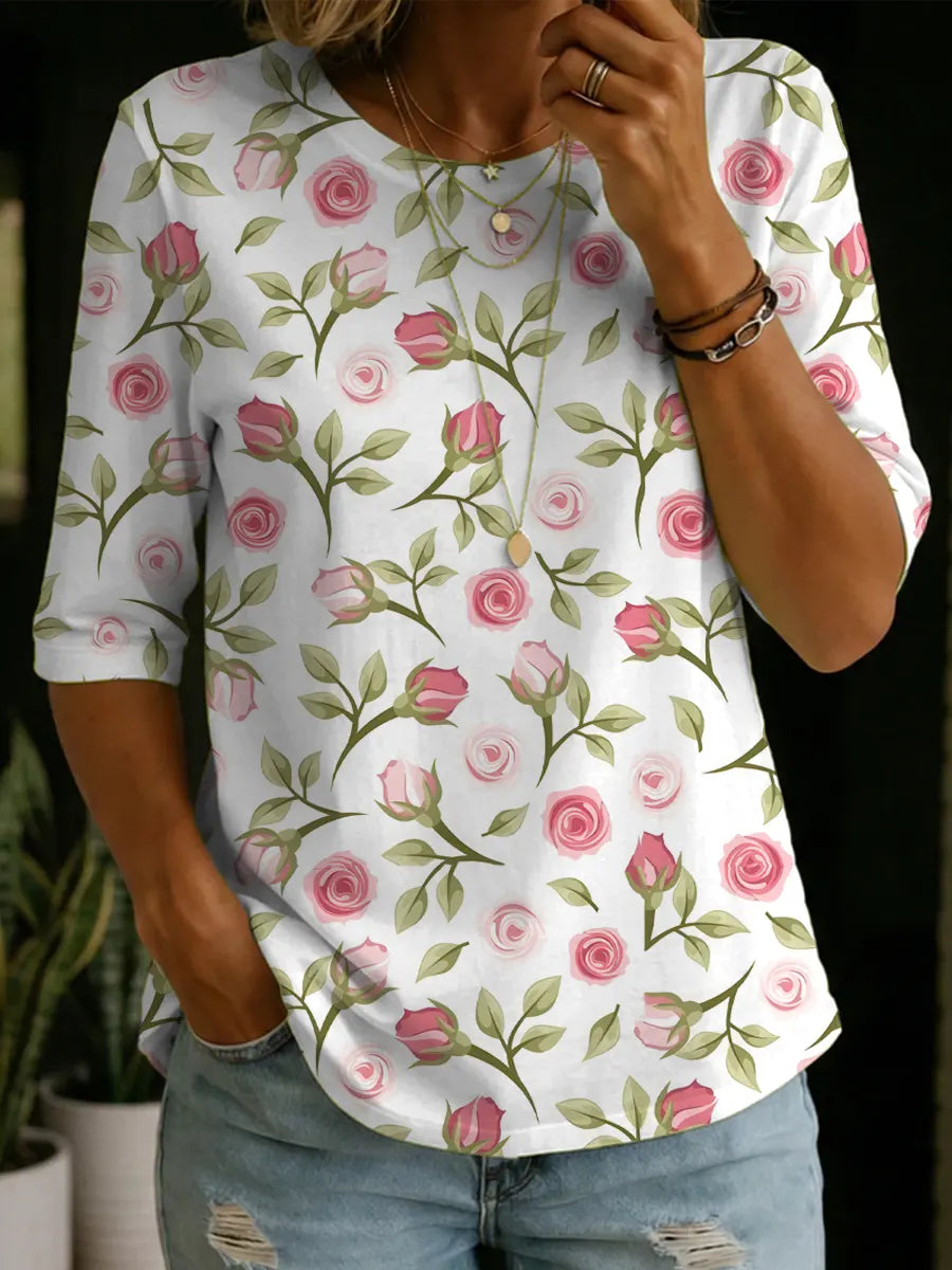 Women's Floral Pattern Art Print Casual Cotton Round Collar Shirt