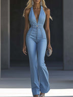 [24-hour shipping out]Simple and Fashionable V-neck Sleeveless Tight Light Blue Denim Jumpsuit