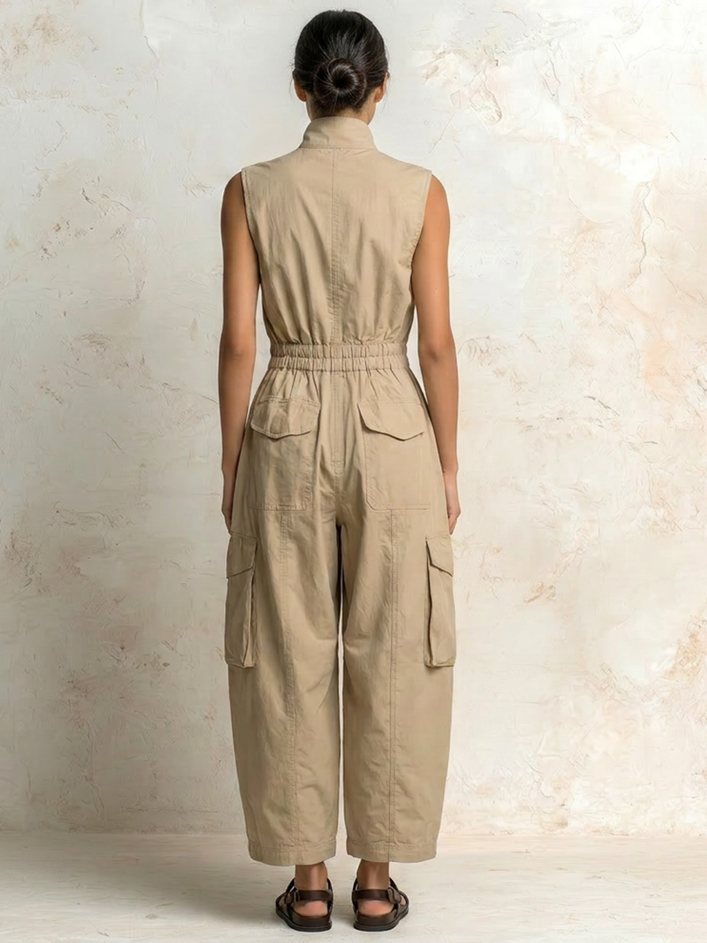 Beige Cotton Twill Sleeveless Utility Cargo Jumpsuit