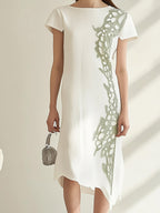 White Linen Dress with Green Embroidery Detail